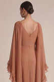 Vestido de convidado de casamento castanho com decote em V e decote em V com capa