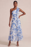 Vestido de Convidado de Noiva Azul Floral A Linha A com um ombro e folhos