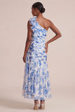 Vestido de Convidado de Noiva Azul Floral A Linha A com um ombro e folhos