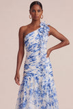 Vestido de Convidado de Noiva Azul Floral A Linha A com um ombro e folhos