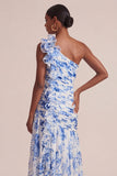 Vestido de Convidado de Noiva Azul Floral A Linha A com um ombro e folhos