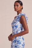 Vestido de Convidado de Noiva Azul Floral A Linha A com um ombro e folhos