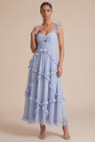 Vestido Midi de Convidados de Noiva Azul Claro Linha A