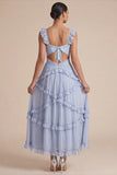 Vestido Midi de Convidados de Noiva Azul Claro Linha A