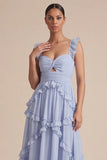 Vestido Midi de Convidados de Noiva Azul Claro Linha A