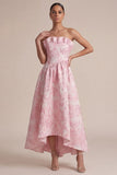 Vestido de Convidado de Casamento Midi Floral Pink Strapless A Line