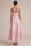 Vestido de Convidado de Casamento Midi Floral Pink Strapless A Line