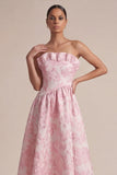 Vestido de Convidado de Casamento Midi Floral Pink Strapless A Line
