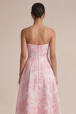 Vestido de Convidado de Casamento Midi Floral Pink Strapless A Line
