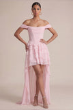 Vestido de Convidado de Espartilho Corset Rosa Linha A com Folhos Descobertos