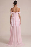 Vestido de Convidado de Espartilho Corset Rosa Linha A com Folhos Descobertos