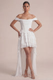 Vestido de Convidado de Espartilho Corset Rosa Linha A com Folhos Descobertos