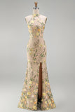Vestido floral longo bordado com gola champanhe de sereia e fenda para Convidada de Casamento