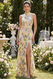 Vestido floral longo bordado com gola champanhe de sereia e fenda para Convidada de Casamento