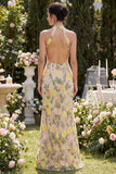 Vestido floral longo bordado com gola champanhe de sereia e fenda para Convidada de Casamento