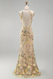 Vestido floral longo bordado com gola champanhe de sereia e fenda para Convidada de Casamento