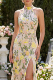 Vestido floral longo bordado com gola champanhe de sereia e fenda para Convidada de Casamento