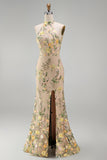 Vestido floral longo bordado com gola champanhe de sereia e fenda para Convidada de Casamento