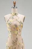 Vestido floral longo bordado com gola champanhe de sereia e fenda para Convidada de Casamento