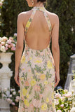 Vestido floral longo bordado com gola champanhe de sereia e fenda para Convidada de Casamento