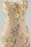 Vestido floral longo bordado com gola champanhe de sereia e fenda para Convidada de Casamento