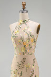 Vestido floral longo bordado com gola champanhe de sereia e fenda para Convidada de Casamento