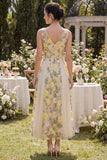 Vestido Midi Floral Bordado em Tule Champanhe Linha A para Convidada de Casamento