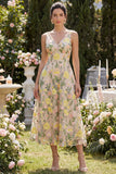 Zapaka Mulheres Vestido Midi Decote em V Champanhe para Convidadas de Casamento Vestido de Noite Tule Floral Linha-A