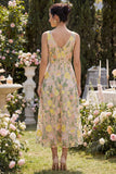 Vestido Midi Floral Linha A Champanhe em Tule para Convidada de Casamento