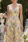 Vestido Midi Floral Linha A Champanhe em Tule para Convidada de Casamento