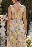 Vestido Midi Floral Linha A Champanhe em Tule para Convidada de Casamento