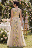 Vestido longo floral bordado em tule A-Line Champanhe para Convidada de Casamento