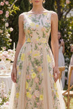 Vestido longo floral bordado em tule A-Line Champanhe para Convidada de Casamento