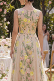 Vestido longo floral bordado em tule A-Line Champanhe para Convidada de Casamento