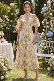 Vestido Midi Floral Bordado em Linha A em Tule Ombro Descoberto com Mangas Bufantes para Convidada de Casamento