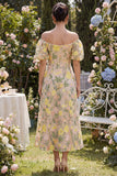 Vestido Midi Floral Bordado em Linha A em Tule Ombro Descoberto com Mangas Bufantes para Convidada de Casamento