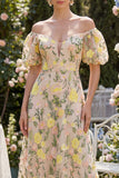 Vestido Midi Floral Bordado em Linha A em Tule Ombro Descoberto com Mangas Bufantes para Convidada de Casamento
