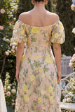 Vestido Midi Floral Bordado em Linha A em Tule Ombro Descoberto com Mangas Bufantes para Convidada de Casamento