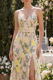 Vestido Longo Floral Bordado em Tule Sereia com Champanhe para Convidada de Casamento