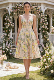 Vestido Floral Midi Midi, Espartilho A-Line Linha Champanhe Bordado em Linha A em Tule para Convidada de Casamento