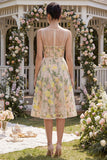 Vestido Floral Midi Midi, Espartilho A-Line Linha Champanhe Bordado em Linha A em Tule para Convidada de Casamento
