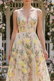 Vestido Floral Midi Midi, Espartilho A-Line Linha Champanhe Bordado em Linha A em Tule para Convidada de Casamento