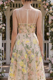 Vestido Floral Midi Midi, Espartilho A-Line Linha Champanhe Bordado em Linha A em Tule para Convidada de Casamento