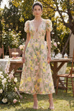 Vestido Midi Floral em Linha A bordado champanhe com decote em V para Convidada de Casamento