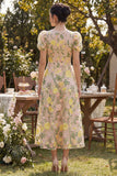 Vestido Midi Floral em Linha A bordado champanhe com decote em V para Convidada de Casamento