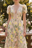 Vestido Midi Floral em Linha A bordado champanhe com decote em V para Convidada de Casamento