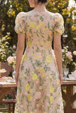 Vestido Midi Floral em Linha A bordado champanhe com decote em V para Convidada de Casamento