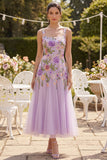 Vestido Midi Floral Floral Bordado em Tule Lilas, Linha A, Bordado em Linha A para Convidada de Casamento
