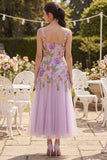 Vestido Midi Floral Floral Bordado em Tule Lilas, Linha A, Bordado em Linha A para Convidada de Casamento