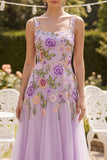 Vestido Midi Floral Floral Bordado em Tule Lilas, Linha A, Bordado em Linha A para Convidada de Casamento